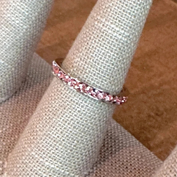 Pink Tourmaline Colored CZ Stainless Steel Eternity Band Ring October Birthstone - Picture 4 of 7